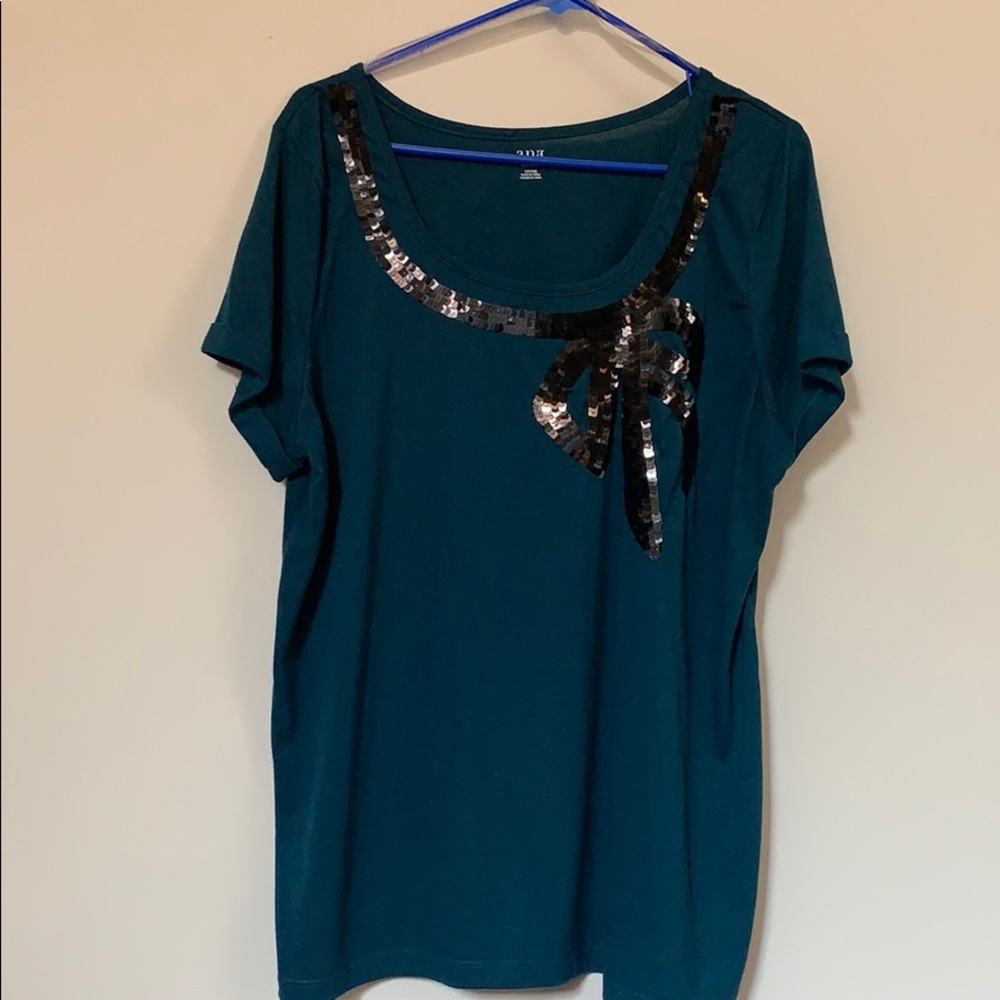 Dark Teal Top with Black Sequin Bow